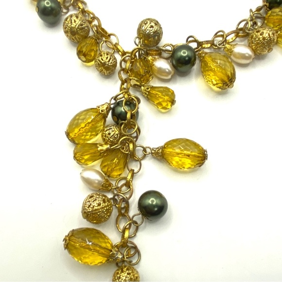 Gold Tone Green & Gold Filagree Beads Drop Statement Necklace - Picture 6 of 8